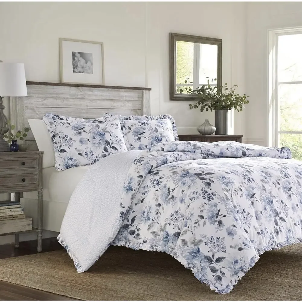 Laura Ashley Chloe 2 Pce. Twin Duvet Cover Set Reversible Floral Cotton Blue